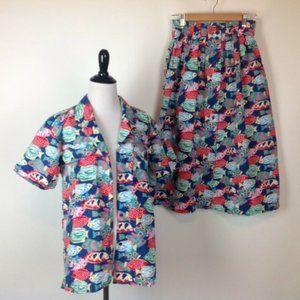 Vintage Sportables Skirt Top Set Fish Womens 8